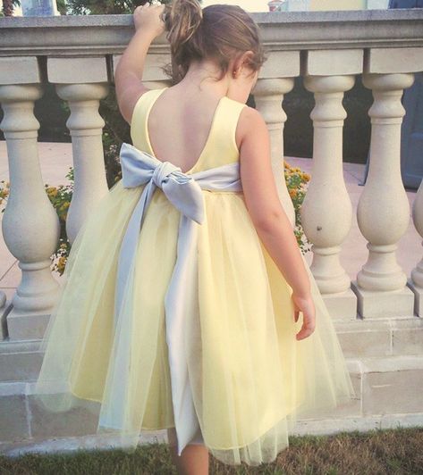 Love this back! Grey Flower Girl Dress, Yellow Flower Girl Dresses, Yellow Grey Weddings, Gray Flower Girl, Yellow Wedding Dress, Satin Flower Girl Dress, Wedding Color Palette, Gray Weddings, Yellow Wedding