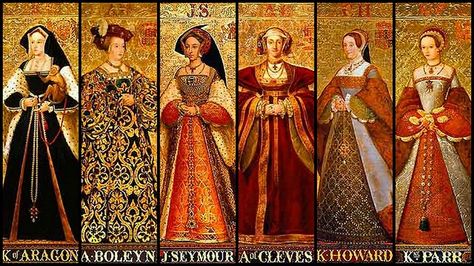 The beautiful paintings of Henry VIII's six wives in Parliament (Westminster). Katharine of Aragon's painting is based off a contemporary images, a miniature and a portrait. Anne Boleyns portrait is based on the miniature by Hans Holbein , Jane Seymour's painting is based of the Whitehall Dynasty mural. Anna of Cleves painting is based off of her imfamous portrait by Hans Holbein. Kathryn Howard's painting is based off a Holbein miniature, Catherine Parr's is based off a full length image. Wives Of Henry Viii, Anne Of Cleves, Tudor Dynasty, King Henry Viii, Tudor History, History Nerd, King Henry, Jane Seymour, Henry Viii