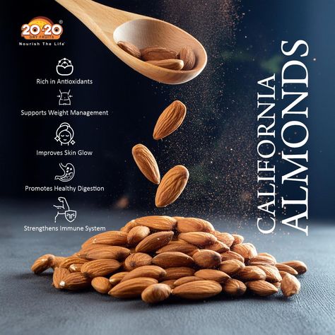 Start your day with a handful of California almonds!  Packed with essential nutrients, these little powerhouses boost energy, support heart health, and enhance brain function.  Stay sharp, stay healthy, stay 2020!  . . . #2020dryfruits #foodphotography #foodie #foodblogger #india #foodstagram #snacks #indiansweets #health #instagood #fruits #seeds #healthyeating #instagram #vegan #foodlover #organic #nutrition #healthysnacks #eathealthy #foodies #homemade #udaipur #cashew #amazon #fitness Cafe Logo Design, California Almonds, Cafe Logo, Dry Fruits, Indian Sweets, Essential Nutrients, Healthy Digestion, Insta Stories, Brain Function