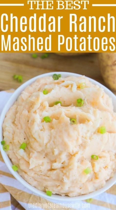 Cheddar Ranch Mashed Potatoes. This recipe for mashed potatoes is so good. I love the ranch flavor and all the cheese. #mashedpotatoes #sidedish Cheesy Ranch Mashed Potatoes, Ranch Mashed Potatoes, Cheddar Mashed Potatoes, Cheesy Ranch, Dry Ranch Seasoning, Best Mashed Potatoes, Potato Recipes Side Dishes, Mashed Potato Recipes, Ranch Seasoning