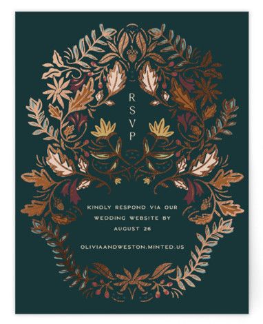 An arch of fall botanicals pressed in foil is featured in this Autumn themed wedding invitation design. Autumnal Wedding Invites, Fall Wedding Save The Date, Fall Save The Dates, Fall Woods Wedding, Green Fall Wedding, Fall Wedding Arch, Western Wedding Invitation, Scottish Wedding Themes, Autumn Themed Wedding