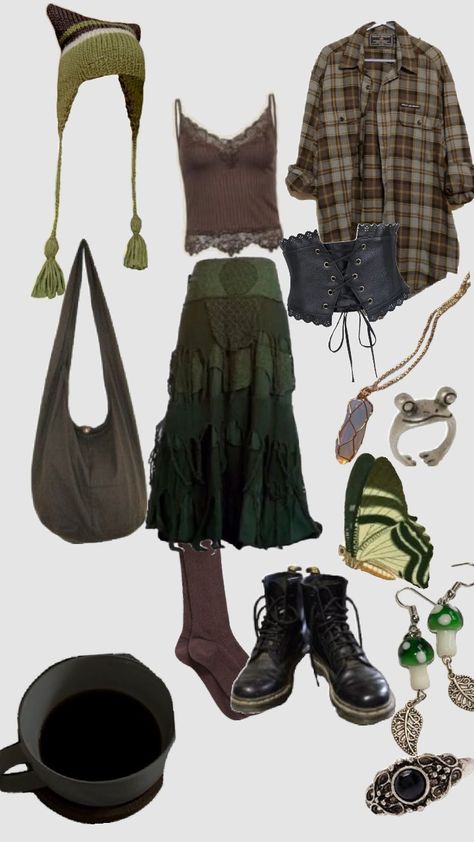 fairy grunge outfit inspo || #fairygrunge #darkfairycore #darkcottagecore #outfitinspo #inspo #outfits #preppy Dirtcore Outfit, Summer Outfit Ideas Grunge, Dark Fairycore Clothes, Nature Aesthetic Clothing, Emo Cottagecore Aesthetic, Changelingcore Outfit, Masculine Fairycore, Mushroom Outfit Aesthetic, Mushroomcore Outfits