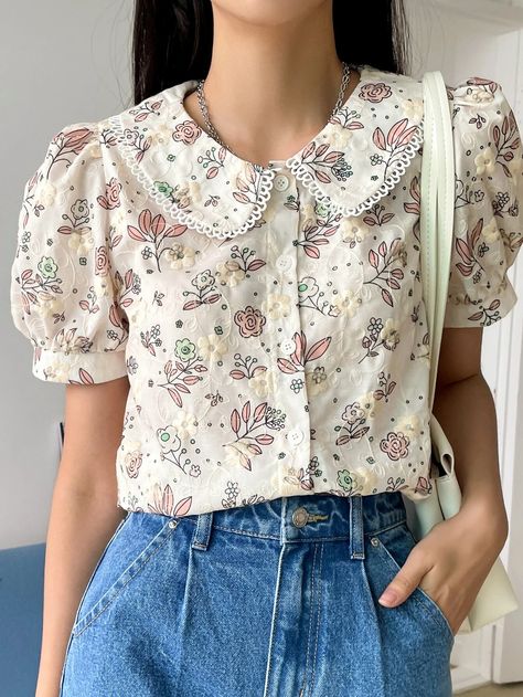 DAZY Floral Embroidery Peter Pan Collar Puff Sleeve Blouse | SHEIN USA Suits For Women Professional, Cotton Dress Summer Casual, Formal Suits For Women, Frock Designs For Girl, Mini Frock, Peter Pan Collar Top, Cotton Short Dresses, Neat Casual Outfits, Salwar Designs