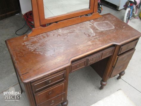 Damaged Antique Vanity | Prodigal Pieces | www.prodigalpieces.com Refurbished Desk Into Vanity, Refinished Vintage Vanity, Old Vanity Ideas Repurposed, Refinished Vanity Antique, Vanity Redo Ideas, Old Vanity Makeover, Makeup Vanity Makeover, Antique Vanity Makeover, Refurbished Vanity