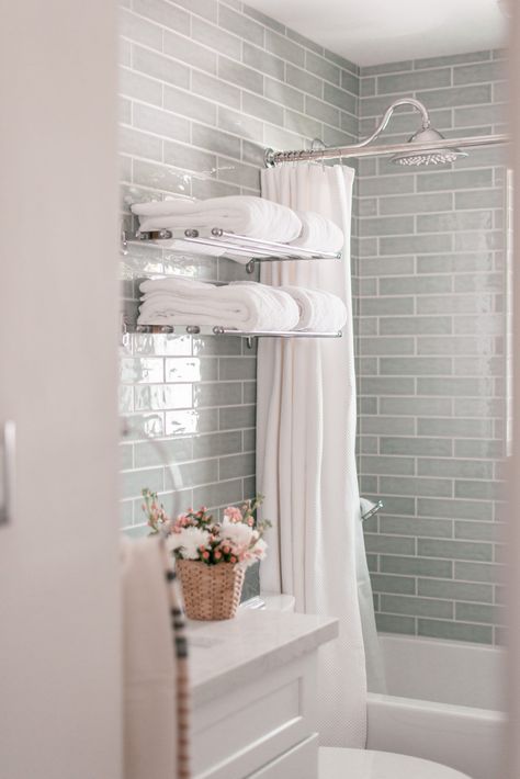 Guest And Kids Bathroom, Classic Bathroom Inspiration, Sage Green Tile, White And Chrome Bathroom, Classic Bathroom Tile, Classic White Bathrooms, Outdated Bathroom, Kids Bathroom Remodel, Green Tile Bathroom