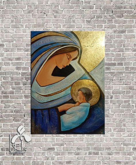 Madonna and Child is a highly textured 3D abstract painting painted on handmade canvas. This is a very stylish, delicate picture of a delicate blue turquoise color with the addition of gold. You can order this painting in any size. It is painted on natural canvas with high quality oil and acrylic paints and gold leaf. The Virgin and Child is contemporary Christian art that will certainly decorate your interior. This picture will look great in the living room, hallway, bedroom, nursery and dining room. It will beautifully decorate the wall above the fireplace. It will bring novelty, beauty and peace to your cozy home. The elegant turquoise and gold hues in this painting are calming and positive. This is an original modern painting by the author. You can order a finished painting or in a rol Madonna And Child Painting, Virgin Mary Painting, Contemporary Christian Art, Catholic Wall Art, Wall Art Textured, Virgin Mary Art, Modern Christian Art, Mary Catholic, Religious Crafts