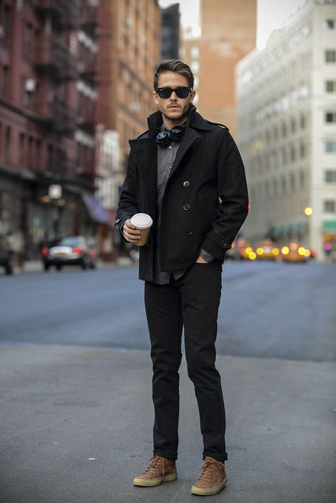 Look like a street stylish star. Mens Peacoat Outfit, Mens Peacoat, Peacoat Outfit, Black Peacoat, Peacoat Men, Mens Fashion Casual Winter, Mens Fashion Business, Mens Fashion Smart, Hipster Mens Fashion