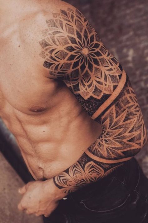 Arm Dotwork Tattoo, Dotwork Elbow Tattoo, Mandala Arm Tattoo Men, Mandala Sleeve Tattoo Men, Mandala Sleeve Tattoo Design Men, Men’s Mandala Tattoo, Mandala Shoulder Tattoo Men, Geometric Shoulder Tattoo Men, Mandala Tattoo Sleeve For Men