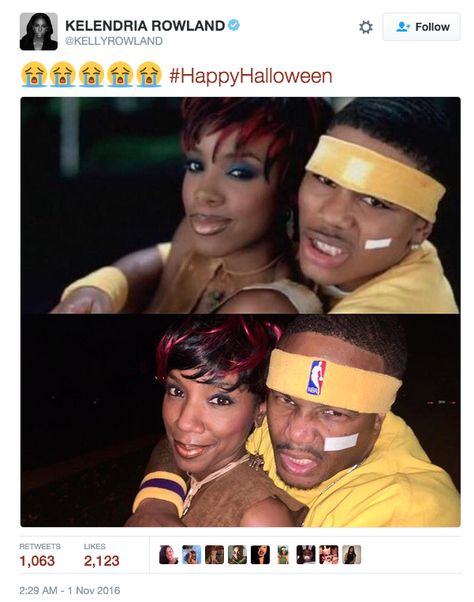 This Dilemma-era Nelly and Kelly, complete with iconic face band-aid. | 18 Celeb-Inspired Halloween Costumes That Totally Nailed It This Year Nelly Halloween Costume, Kelly Rowland Dilemma, Rapper Costume, Faces Band, Spooky Szn, Kelly Rowland, Blue Ivy, Best Rapper, Black Halloween