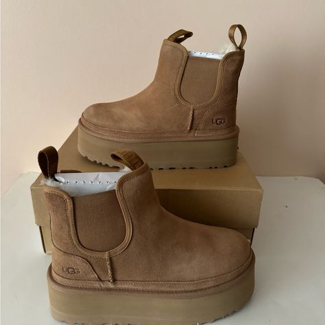 Ugg Neumel Chelsea Platform Suede Leather Boots. Size: 7 Us Women's =38 Eu 8 Us Women's =39 Eu 9 Us Women's =40 Eu New In Box Color: Chestnut Dual Pull-Tabs And Stretchy Elastic Side Panels Mean Easy Entry In This Chunky Chelsea Boot Set Atop A Dramatically Tall Platform Sole. The Lining Features Genuine Shearling And A Moisture-Wicking Textile Made From A Wool-Rich Blend But Crafted To Feel And Wear Like Genuine Shearling Provides Warmth And Comfort Wherever You Go. 2" Platform 5 1/2" Shaft Lig Ugg Neumel Platform, Adirondack Ugg Boots, Ugh Boots, Chunky Chelsea Boots, Ugg Neumel, Ugg Winter Boots, Weatherproof Boots, Platform Chelsea Boots, Ugg Classic Ultra Mini