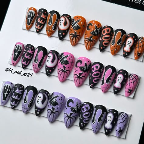 🧡 Orange 🩷 Pink or 💜 Purple? Part of a 9 set order, but I had to pack these guys together, obviously 🤩 I’m always insanely humbled when clients order multiples of the same set design. 🥹 Big thanks to Alaina for such an amazing order 🙏 I’ll post the rest of it lateeeer 🖤🖤 Nailart Simple, Tree Nail Art, Cartoon Nails, Kawaii Nail Art, Spooky Nails, Makeup Drawing, Korean Nail Art, Beauty Nails Design, Korean Nails