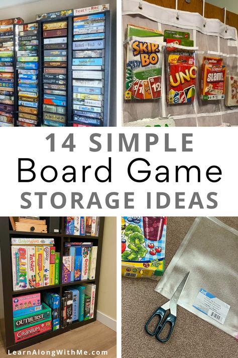 Efficiently store your board games so you can easily find them while tidying up the storage area. We use mostly use an IKEA KALLAX unit to store our board games. But even with this cube furniture, there are lots of different ways we could store our games. For instance, we could take the games out of their original boxes and put them in a plastic pouch or hard plastic case. If you want to explore some different board game storage ideas, check it out. Rec Room Storage Ideas, Boardgames Storage Diy, Storage Ideas For Board Games, How To Store Games And Puzzles, Game Board Organization Storage Ideas, Board Game Closet Organization, Diy Game Storage, Card Game Storage Ideas, Diy Board Game Storage Ideas