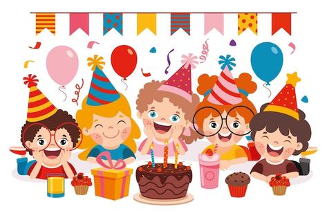 Cartoon characters celebrating birthday ... | Premium Vector #Freepik #vector #birthday-party #birthday-cake #birthday-card #tarjeta-cumpleanos Birthday Cartoon Images, Birthday Party Pics, Birthday Party Illustration, Birthday Elements, Birthday Cake Clip Art, Basic Drawing For Kids, Birthday Clip Art, Birthday Party Clipart, Celebrating Birthday