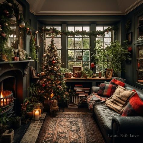 Cabin For Christmas, Moody Maximalist Christmas, Christmas Decor Ideas Cabin, Christmas Decor Ideas Cottage, Christmas House Inside, Cozy Cottage Christmas Decor, Cosy Christmas Living Room, English Christmas Decor, English Cottage Christmas Decor