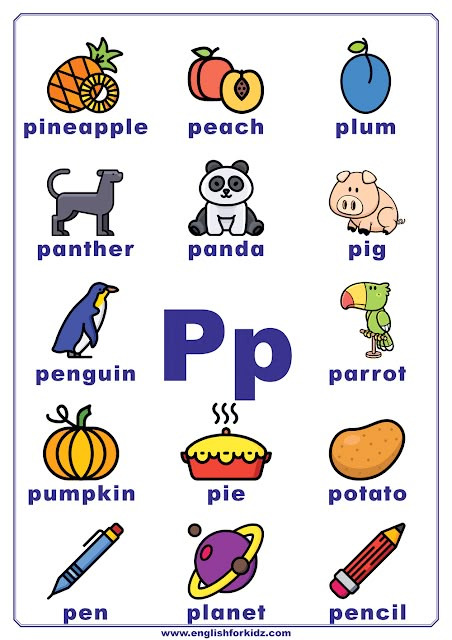 English alphabet poster to learn letter P P Words Preschool, Letter Posters Preschool, P Words Letter, P Is For, Letter P Preschool, Letter U Activities For Preschool, Letter P Craft, Letter L Words, English Alphabet For Kids