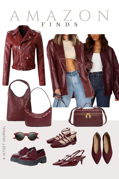 Burgundy is the must-have color for women's autumn outfits this season! From chic burgundy leather fashion jackets to stunning shoes, these pieces will elevate your wardrobe. Try pairing an oversized leather jacket with jeans and heels for trendy fall street style or add burgundy accessories like a purse or slingback kitten heels for a pop of color. Amazon has all the trendy fall outfits in this rich hue to help you stay stylish all season long. Shop these burgundy fashion outfits today! Burgundy Purse Outfit, Women's Autumn Outfits, Burgundy Leather Jacket Outfit, Burgundy Jacket Outfit, Leather Jacket With Jeans, Cute Fall Jackets, Burgundy Accessories, Women's Wardrobe Essentials, Slingback Kitten Heels