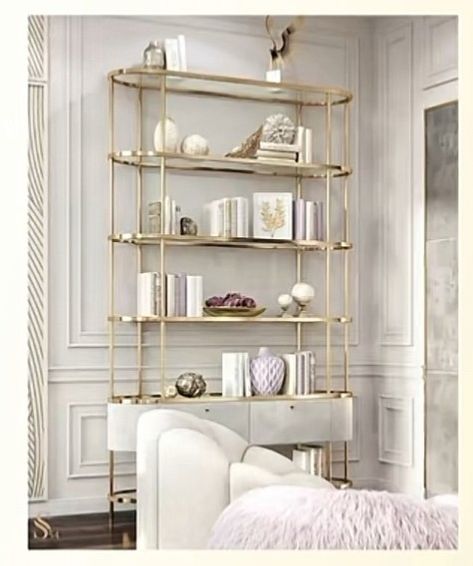 Creative Bookshelves, Gold Shelves, Bookshelf Inspiration, Bookshelves In Bedroom, Metal Shelving, Elegant Living Room Decor, Hm Home, Transitional Decor Living Room, Glam Living Room