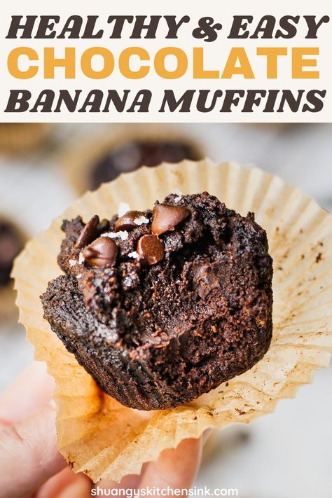 A piece of healthy chocolate muffins with extra paleo chocolate chips on top. Banana Muffins Almond Flour, Choc Banana Muffins, Muffins Almond Flour, Low Carb Banana Muffins, Coconut Flour Banana Muffins, Double Chocolate Banana Muffins, Chocolate Banana Muffins Recipe, Healthy Chocolate Muffins, Paleo Banana Muffins