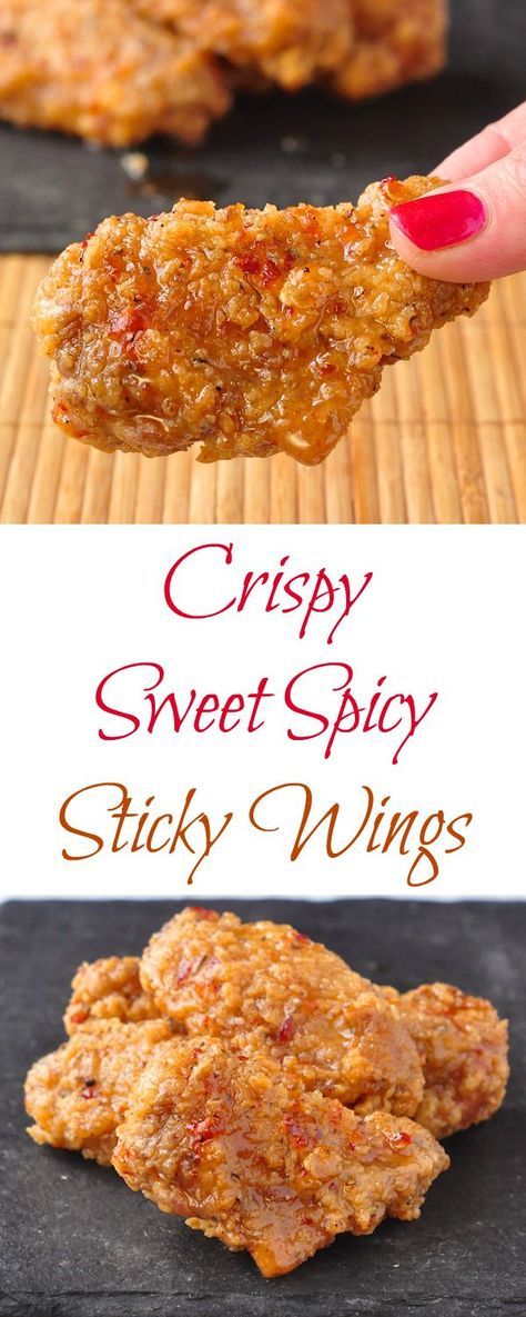 Crispy Sweet Sticky Spicy Wings - these have been the hit of many a Superbowl Party; everything you've ever wanted in great wings. One thing I know from years of recipe development is that people LOVE sticky spicy wings. This outstanding crispy version is in our TOP 3 wing recipes ever. Sticky Wings, Spicy Fried Chicken, Spicy Tuna Roll, Sweet And Spicy Chicken, Spicy Salad, Spicy Wings, Cooking Meals, Spicy Cheese, Sticky Chicken