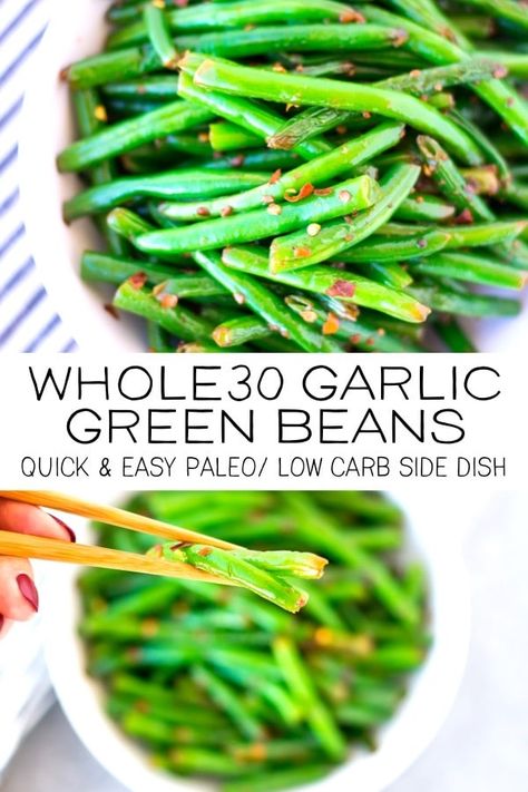 This quick and easy recipe for garlic green beans is the perfect healthy side dish. It is paleo friendly, Whole30 compliant and low carb. It's full of so much flavor no one will even guess it's healthy! #sidedishes #paleorecipes #whole30recipes #whole30 #paleo #lowcarb Paleo Green Beans, Whole30 Easy, Garlic Green Bean Recipes, Whole30 Recipe, Paleo Vegetables, Paleo Side Dishes, Recipes Vegetables, Best Paleo Recipes, Paleo Sides