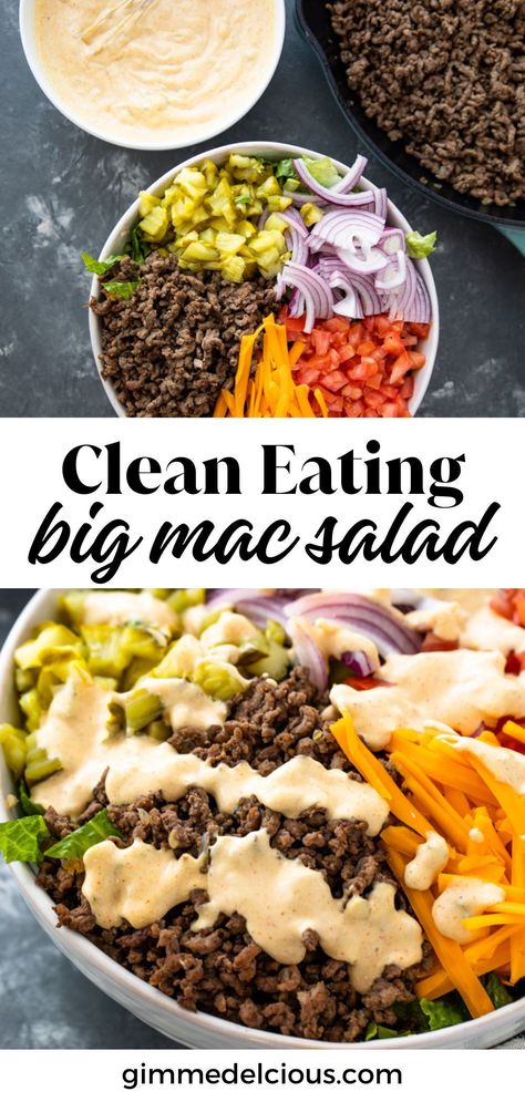 Cheeseburger salad loaded with ground beef, lettuce, tomato, onion and a special big mac sauce that tastes just like the big mac from McDonald’s without the added carbs and fats! Make this easy healthy recipe at gimmedelicious.com Mac Salad Recipe, Cheeseburger Salad, Salad Low Carb, Healthy Hamburger, Mac Sauce Recipe, High Protein Salads, Big Mac Sauce, Big Mac Salad, Burger Salad