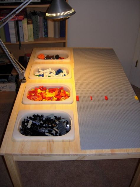 Lego Table Ideas, Lego Building Table, Diy Lego Table, Lego Storage Solutions, Lego Table With Storage, Lego Table Ikea, Lego Desk, Lego Table Diy, Lego Challenge