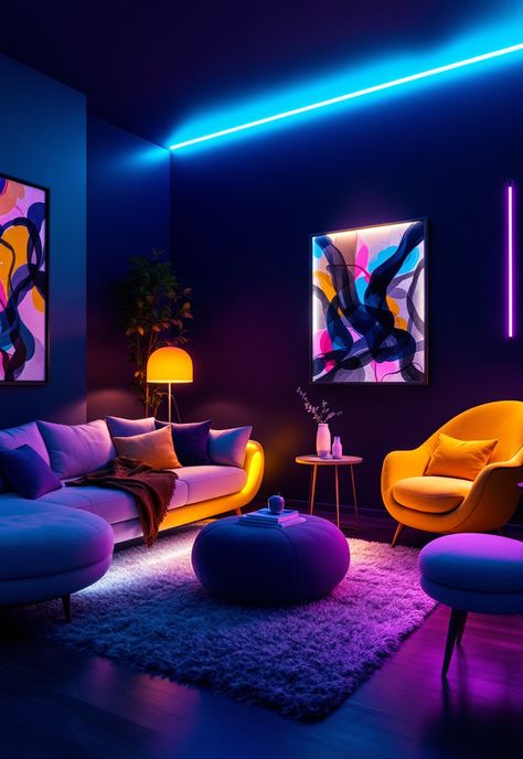 Street Style Living Room Neon Living Room, Street Style Living Room, Style Living Room Ideas, Edgy Street Style, Boho Lounge, Style Living Room, Dark Walls, Street Style Edgy, Neon Glow