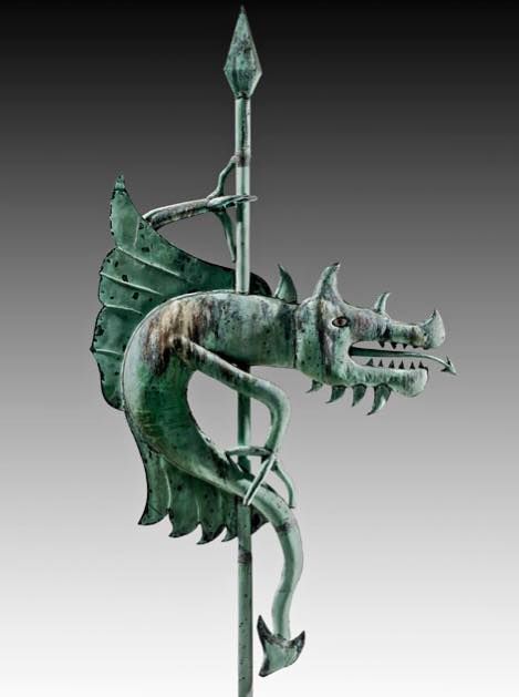 The unique Dragon weathervane from the Warren Bank building, circa 1890, Warren, Pa, copper, 6 feet 10 inches tall, sold by us to a private collector in 2011. Photo by David Schorsch Antiques Brick Victorian, Bank Building, Wind Vane, Lightning Rod, Flatiron Building, Seth Godin, Weather Vanes, Savings Bank, American Folk Art