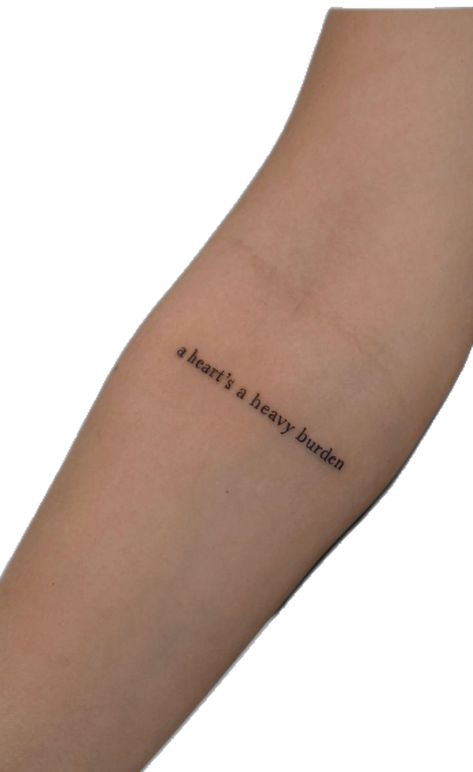 howl’s moving castle inspired quote tattoo Howls Castle Tattoo, A Hearts A Heavy Burden Tattoo, Burden Tattoo, Howls Moving Castle Tattoo, Howl's Moving Castle Tattoo, A Heart's A Heavy Burden, Inspiring Quote Tattoos, Castle Tattoo, Quote Tattoo