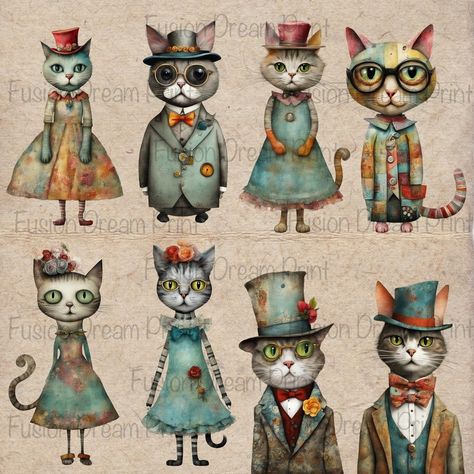 Clip Art Cats Carnival: Illustrated Whiskers Crazy Cats Tim Holtz, Cats Clipart, Crazy Quilts Patterns, Animal Illustration Art, Cat Art Illustration, Quirky Illustration, Cat Clipart, Character Design Sketches, Whimsical Cats