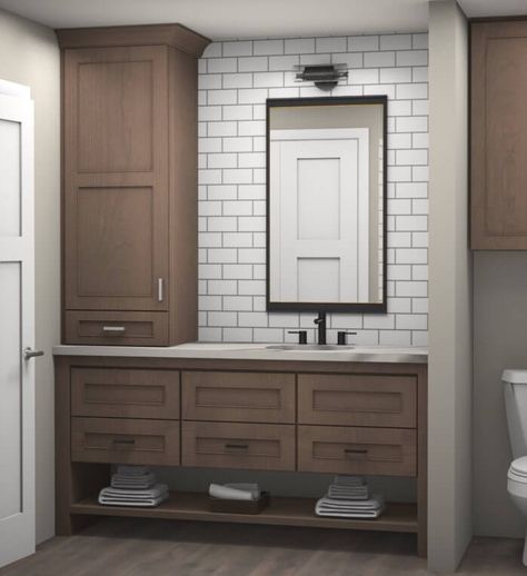 Single Vanity Master Bath, Master Bath Vanity Ideas Double Sinks, Bathroom Vanity With Linen Cabinet, Vanity With Linen Cabinet, Bathroom Redecorating, Master Bath Vanity, Diy Bathroom Vanity, Bathroom Cabinetry, Floating Bathroom Vanity