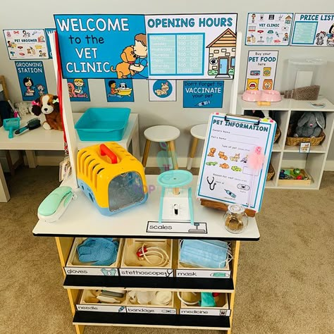 Vet Hospital Dramatic Play, Classroom Vet Clinic, Vet Clinic Dramatic Play Ideas, Vet Center Dramatic Play, Small Dramatic Play Area, Vet Clinic Pretend Play, Diy Play Vet Clinic, Pretend Play Classroom, Pet Clinic Dramatic Play