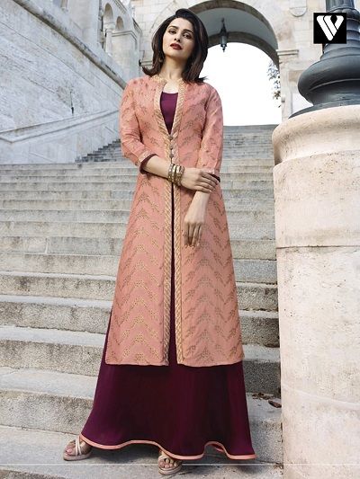 Long Koti Style Kurti, Koti Style Kurti, Long Kurti Designs Party Wear, Long Koti, Party Wear Maxi Dresses, Silk Kurti Designs, Wine Colour, Style Kurti, Designer Salwar Kameez