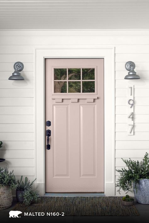 Mauve Door Exterior, Pastel Door Colors, Behr Malted, Light Pink Front Door, Light Mauve Paint, Mauve Front Door, Behr Neutral Paint Colors, Mauve Paint, Mauve Paint Colors