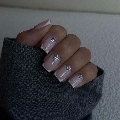 11. French Tip Nails With Silver, White French Tip Nails, Bows And Pearls, Short Nail Inspo, Nails With Silver, Bow Nail Designs, Builder Gel Nails, White And Silver Nails, Acrylic Toe Nails