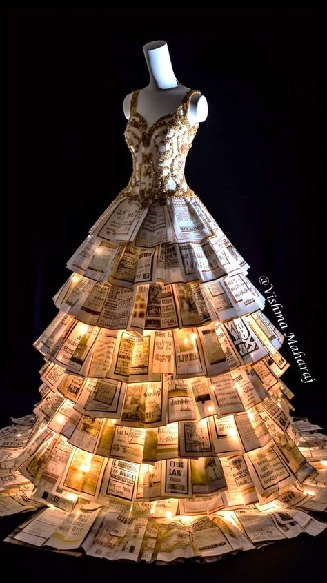 Fashion Made Out Of Trash, Recycled Gown Ideas, Junk Kouture Ideas, Paper Dress Fashion, Newspaper Outfit, News Paper Dress, Paper Gown, Recycled Dress Ideas, Recycled Gown