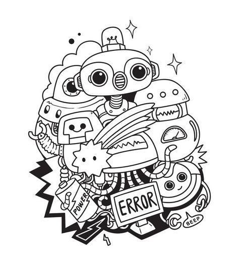 Technology Doodle, Robot Doodle, Spiral Drawing, Vector Robot, Doddle Art, Cricut Shirts, Cool Doodles, Vector Technology, Single Line Drawing