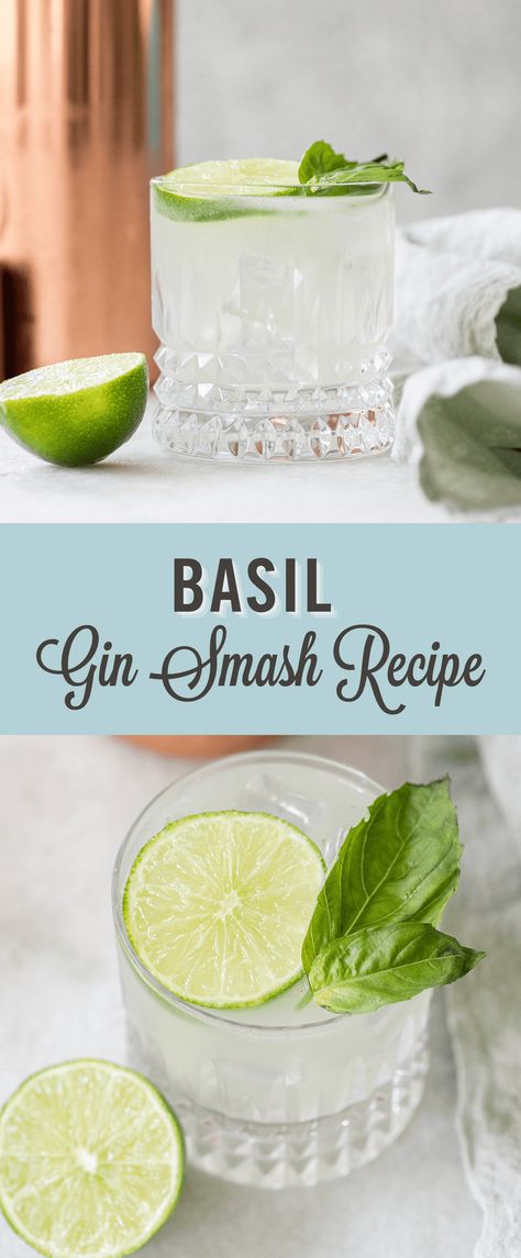 A gin basil smash is a refreshing summer cocktail made with just 4 simple ingredients! This gin-infused cocktail is perfect for summer and includes fresh basil, lime juice, simple syrup, and gin. This is a refreshing garden cocktail. Gin Smash Recipe, Gin Basil Smash, Basil Drinks, Gin And Lemonade, Easy Gin Cocktails, Basil Cocktail, Basil Smash, Garden Cocktail, Basil Lemonade