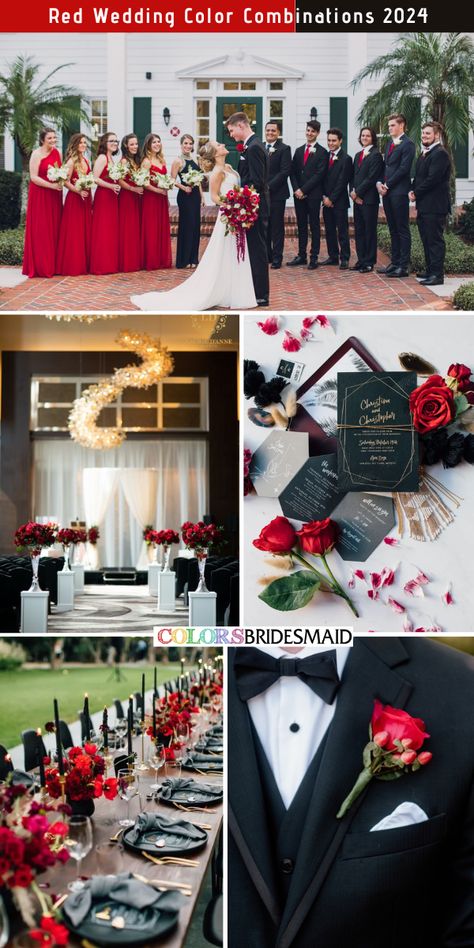 Top 40+ Wedding Colors for All Seasons and Colors - ColorsBridesmaid Black And Red Wedding Party Attire, Red Black And Champagne Wedding, Red Gold And Black Wedding Theme, Black And White Wedding With Red Accent, Red Color Theme Wedding, Red White Black And Gold Wedding, Black And Red Wedding Party, Hot Pink And Black Wedding Theme, Wedding Ideas Red And Black