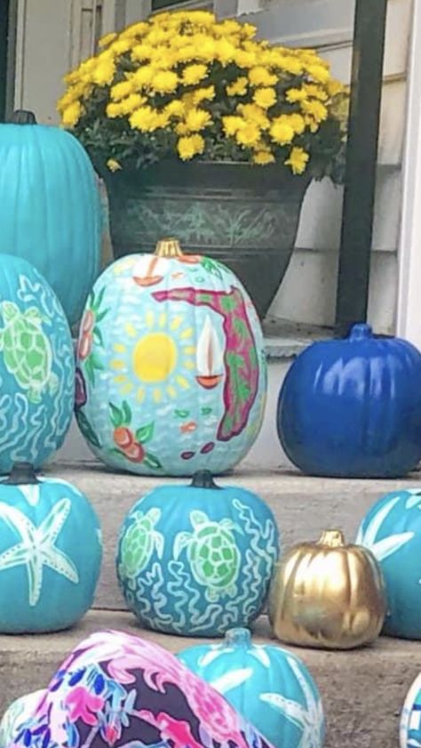 Coastal Pumpkins, Coastal Halloween, Creative Pumpkin Decorating, Painted Pumpkin, Creative Pumpkins, Pumpkin Ideas, Pumpkin Painting, Mini Pumpkins, Fall Ideas