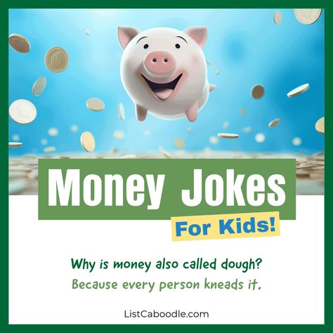 A list of funny money jokes for kids. Money Jokes, Money Humor, Sports Joke, Kid Jokes, Kids Jokes, Funny Corny Jokes, Birthday Jokes, Halloween Jokes, Math Jokes