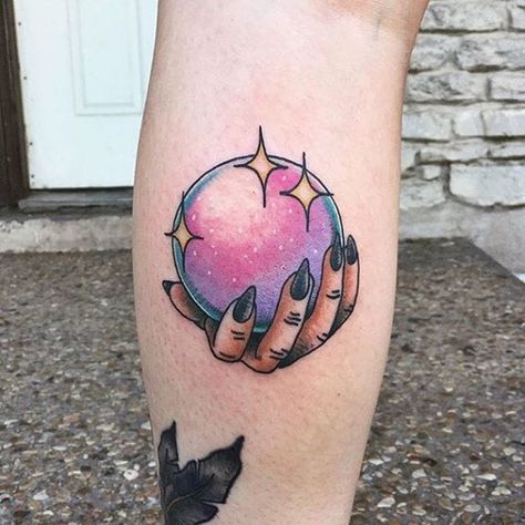 Glitter Style Tattoo, Fortune Teller Tattoo, Bisexual Tattoo, Fortune Tattoo, Crystal Ball Tattoo, Ball Tattoo, Crystal Tattoo, Petit Tattoo, Witch Tattoo