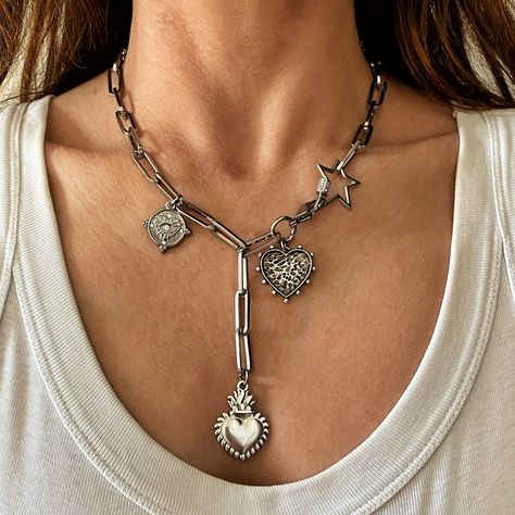 Silver Chunky Necklace, Mexico Necklace, Carabiner Necklace, Edgy Necklace, Ethereal Jewelry, Sterling Silver Charm Necklace, Silver Charm Necklace, Edgy Jewelry, Multi Chain Necklace