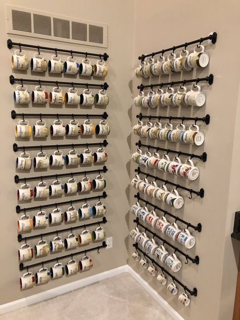 Mug Collection Storage, Mugs Organization Storage Ideas, Magnet Wall Organizer, Organize Starbucks Tumblers, Starbucks Cups Collection Display, How To Display Starbucks Mugs, Display Starbucks Mugs, Displaying Starbucks Mugs, Starbucks Display Ideas