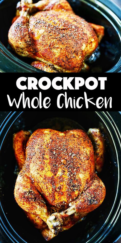 A delicious, seasoned rotisserie style whole chicken made easy in the Crockpot! Slow Cooker Kip, Crockpot Whole Chicken Recipes, Crockpot Whole Chicken, Cooking Whole Chicken, Chicken Rub, Whole Chicken Recipes, Diner Recept, Crockpot Dishes, Stuffed Whole Chicken