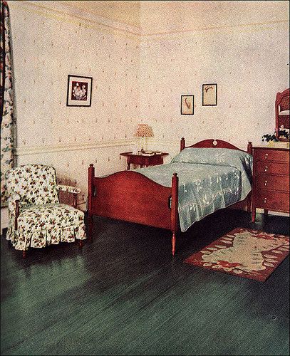 W. & J. Sloane was a linoleum manufacturer competing with Armstrong. This floor is similar to the green Jaspé linoleum offered by Armstrong.  Unfortunately, Sloane didn't have the same design talent Armstrong had.  Source: American Home See other bedrooms from the 1920s gallery at American Home & Style. 1940s Bedroom, 1930s Home Decor, 1940s Interior, 1940s Decor, 1920s Home Decor, 1920s Interior, 1940s Home, Old House Interior, Retro Bedrooms