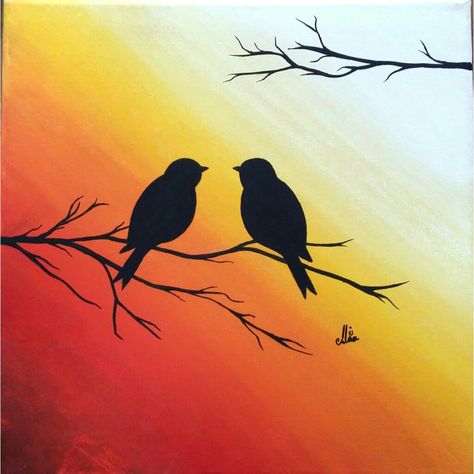 Black Silloute Painting, Sillohoutte Art, Silouttes Art Painting, Sillhoute Painting, Silloettes Art, Siloette Ideas Painting, Bird Canvas Paintings, Easy Silhouette Paintings, Bird Painting Easy