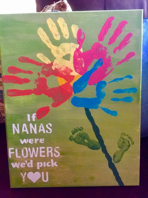 Handprint canvas for Nana from her grands! Mother’s Day Gifts For Nana Diy, Diy Gift For Nana, Nana Handprint Gift, Diy Nana Gifts From Kids, Mothers Day Gifts For Nana, Nana Painting Ideas, Diy Gifts For Nana, Gifts For Nana From Kids, Canvas Painting For Grandma