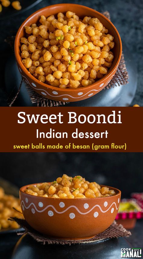 Tiny sweet balls made of besan (gram flour) are often offered as prasad (offering) in temples in India! Learn how to make round sweet boondi at home with this step by step recipe! #indiandessert Sweet Balls, Indian Mithai, Best Indian Recipes, Regional Recipes, Indian Vegan, Diwali Recipes, Orange Food Coloring, Sweet Bites, Diwali Sweets