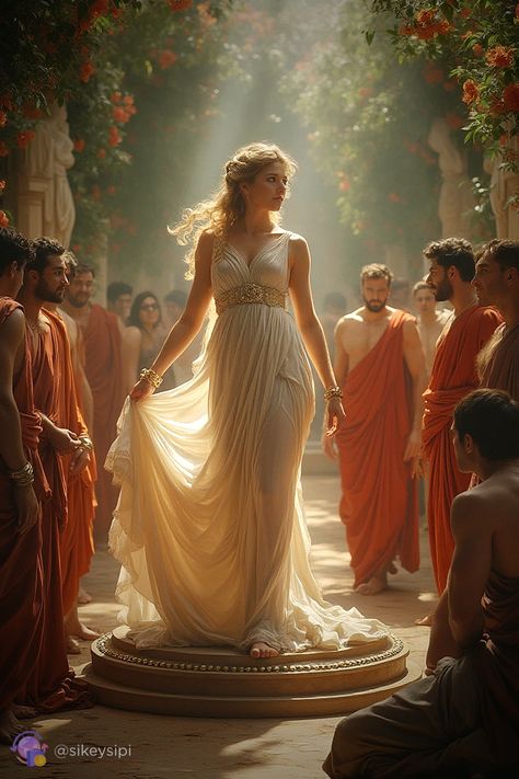 In this captivating artwork, Aphrodite is depicted as the epitome of divine beauty, with her admirers gathering around her. The lush garden setting and her radiant pose emphasize her role as the goddess of love and beauty, making this image a perfect homage to Greek mythology. #Aphrodite #DivineEnchantress #GreekMythology #GoddessOfLove #EpicArt #AIGenerated #MythologicalFigures Aphrodite Greek Goddess, Aphrodite Dress, Greek Goddess Art Aphrodite, Goddess Aprodhite, Aphrodite Deity Work, Demeter Goddess Art Greek Mythology, Greek Goddess Aesthetic, Figurative Art Painting, Greek Dress